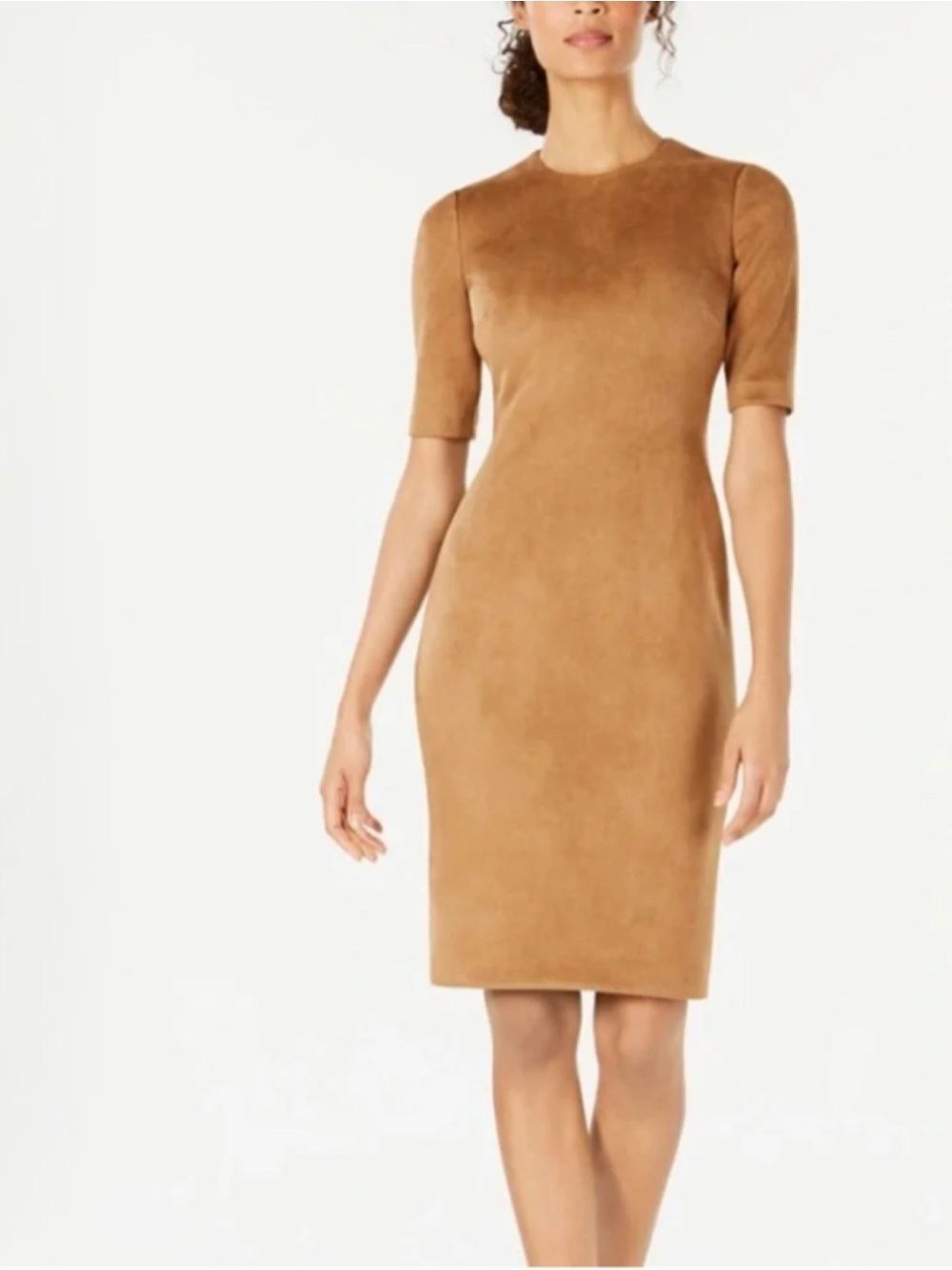 Anne Klein Dress Womens 14 Camel Faux Suede Sheath Midi Career NWT Stretch - Picture 2 of 12